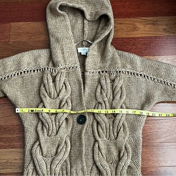 LOFT Alpaca Wool Blend Cardigan Sweater Cable Knit Hood Button Tan Cozy Petite S - Picture 9 of 11